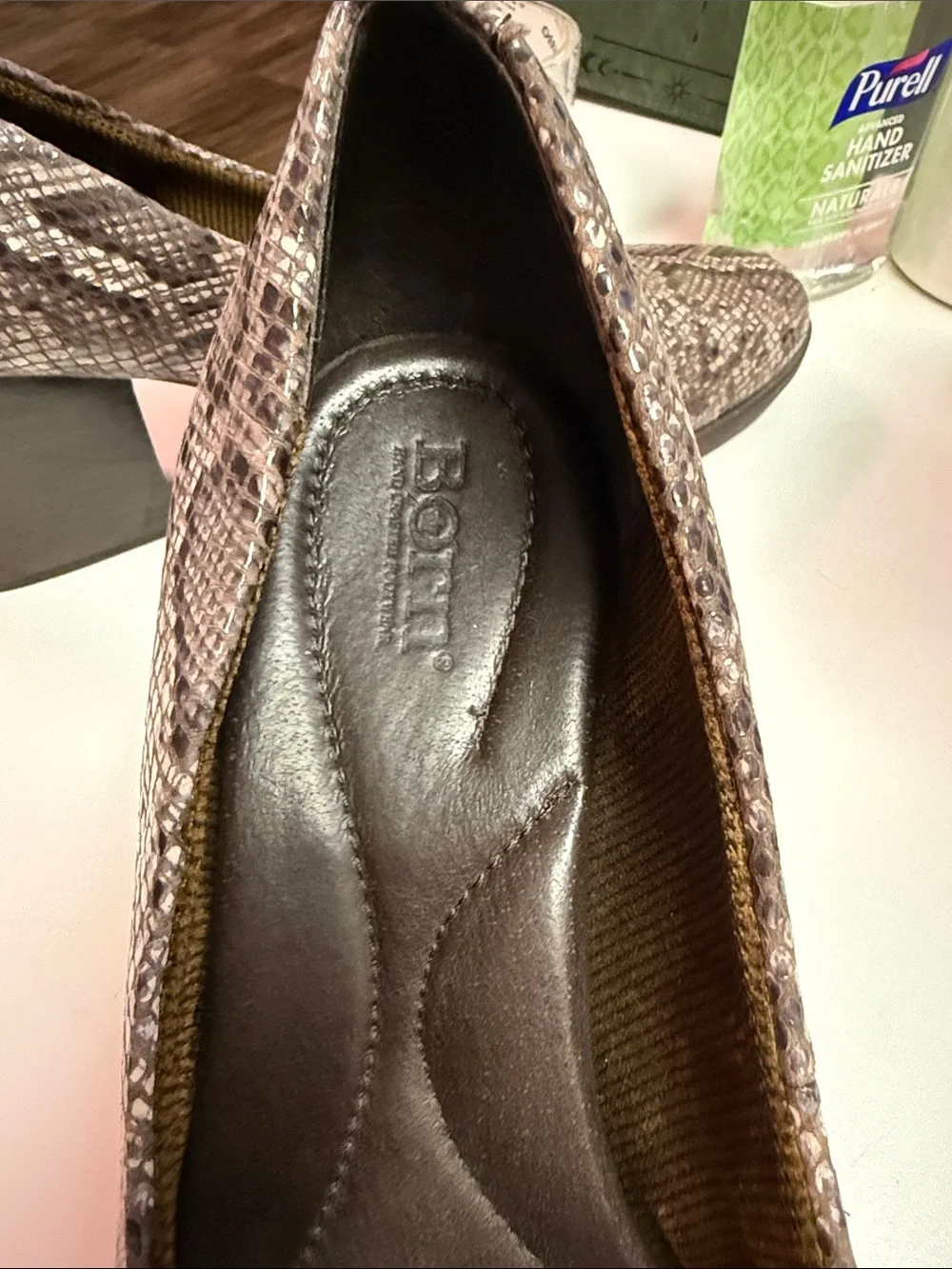 Born Snake-Print Low Block Heel Pumps in Grey